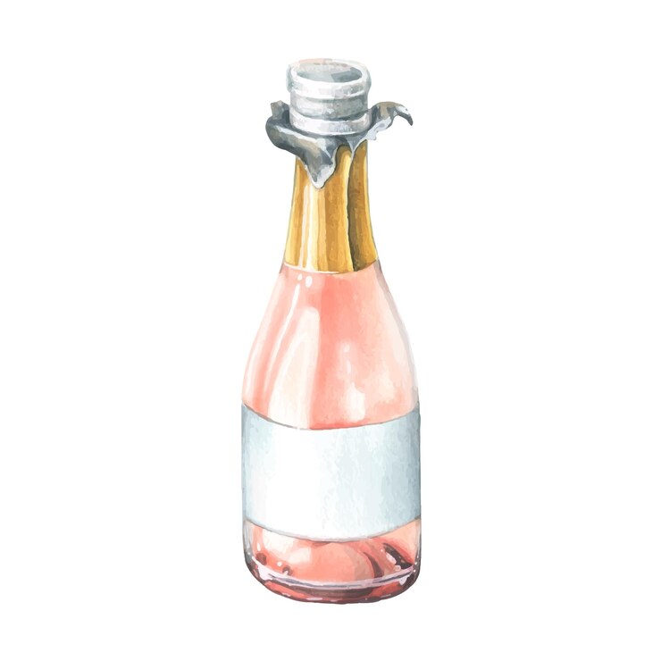 Vector una botella abierta con champán rosa una envoltura dorada y una etiqueta blanca vacía ilustración acuarela un objeto aislado de un gran conjunto de feliz cumpleaños para composiciones de decoración y diseño