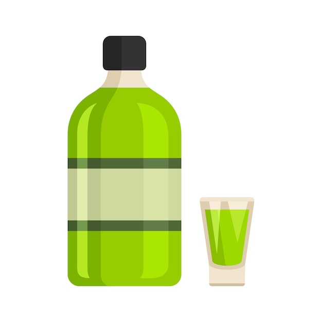 Botella de absenta y vaso de chupito aislado en ilustración de vector de fondo blanco