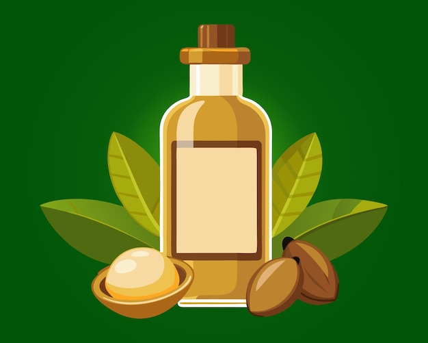 Botella de aceite de argán con nueces y hojas