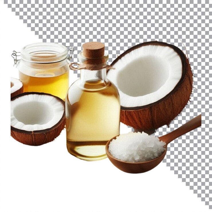 Vector una botella de aceite de coco se sienta al lado de una botella