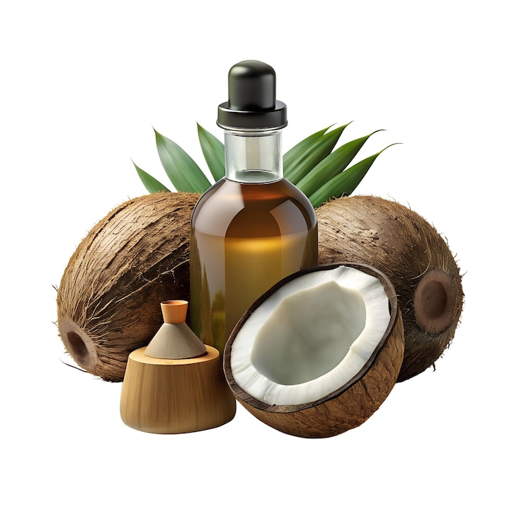 Vector una botella de aceite de coco se sienta en un árbol de coco
