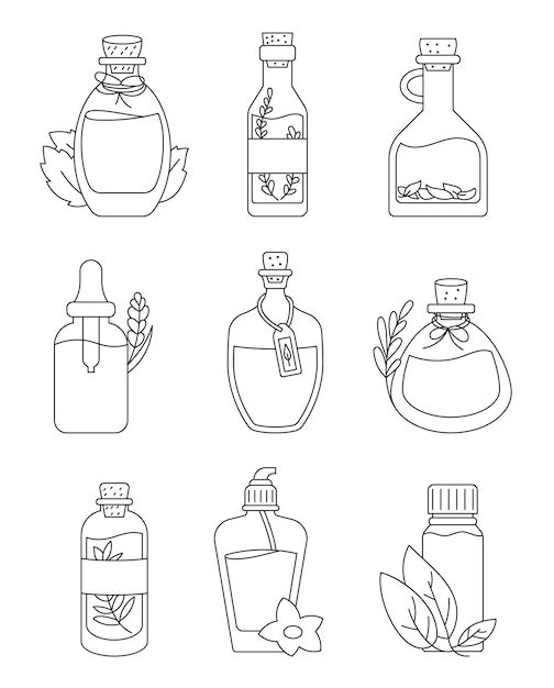 Botella de aceite de hierbas Página para colorear Medicina alternativa Estilo dibujado a mano Dibujo vectorial