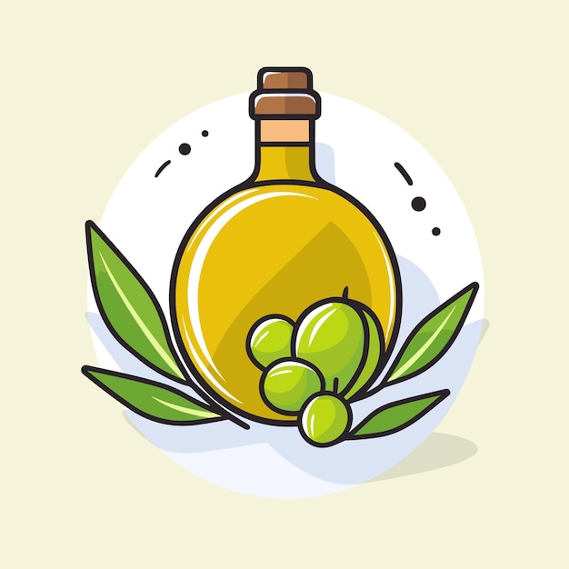 Vector una botella de aceite de oliva con aceitunas en la parte superior.