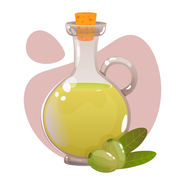 Botella con aceite de oliva y aceitunas sobre un fondo blanco Vector ilustración de dibujos animados