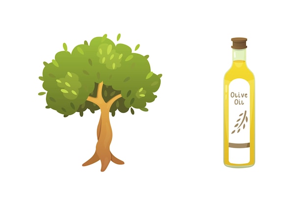 Botella de aceite de oliva e ilustración de vector de árbol en estilo de dibujos animados