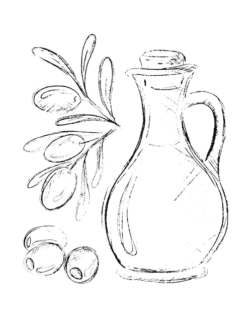 Botella de aceite de oliva con rama de olivo Dibujo a lápiz Ilustración vectorial