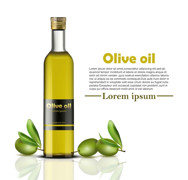 Vector botella de aceite de oliva realista. marca de identidad de alimentos, diseño de packaging