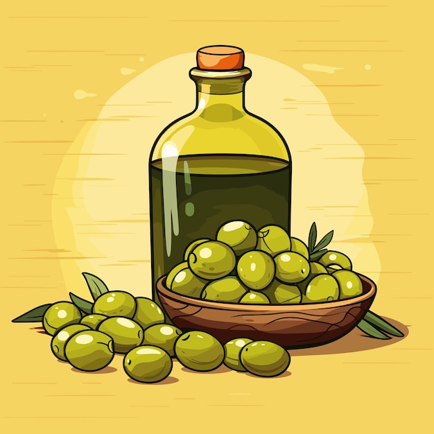 Botella de aceite de oliva recién prensado y aceitunas ilustración vectorial Icono de aceite de oliva