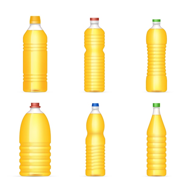 Botella con aceite vegetal Conjunto de botellas de plástico de aceite de girasol realista Alimentos e ingredientes