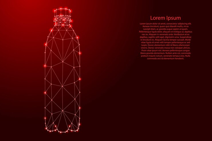 Vector botella de agua aqua líquido paquete de plástico limpio artesiano natural bebiendo de líneas rojas poligonales futuristas y estrellas brillantes para cartel de banner tarjeta de felicitación concepto de poli baja ilustración vectorial