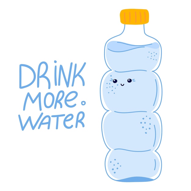 Botella de agua beber más agua personaje sonriente en el concepto de salud