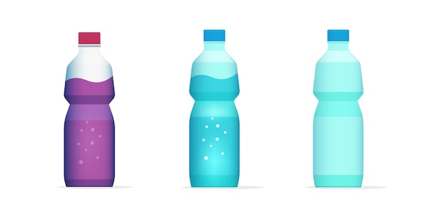 Vector botella de agua, jugo, bebida, bebida, plano, caricatura, lleno, y, vacío, icono