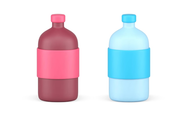 Vector botella con agua y jugo bebida dulce rosa conjunto de iconos 3d ilustración vectorial realista