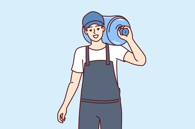 Botella de agua para refrigerador en el hombro del cargador masculino que entrega agua potable a las oficinas