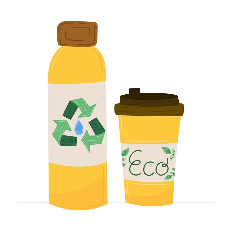 Vector botella de agua reutilizable con símbolo de reciclaje e ilustración de taza de café ecológica