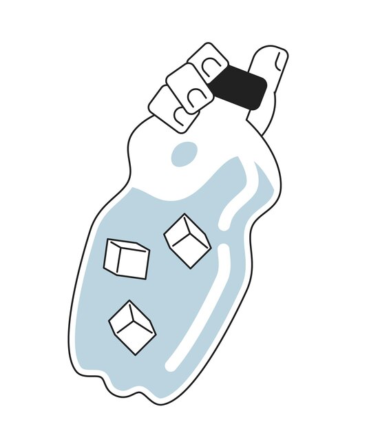 Botella de agua sosteniendo mano de personaje vectorial plano monocromático Hidratación verano Cubos de hielo en agua Elemento de parte del cuerpo editable en blanco Imagen simple de dibujos animados bw para diseño gráfico web