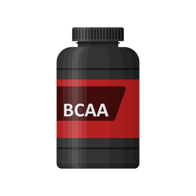 Botella de bcaa aislado sobre fondo blanco. paquete contenedor de icono de nutrición deportiva, suplementos de fitness. comida deportiva de culturismo. tarro con suplementos para el crecimiento muscular. illustartion de vector de gimnasio