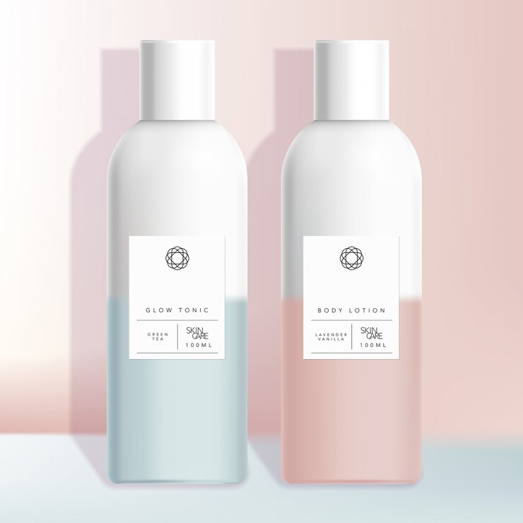 Botella de Boston de belleza para el cuidado de la salud, médica, artículos de tocador, cuidado del cabello o cuidado de la piel con diseño minimalista degradado rosa o azul pastel