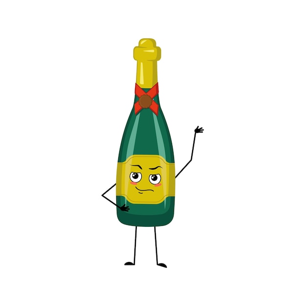 Botella de carácter de vino espumoso con emociones de héroe, rostro valiente, brazos y piernas. Hombre de alcohol con expresión de coraje, recipiente de vidrio para fiestas y fiestas. Ilustración vectorial plana