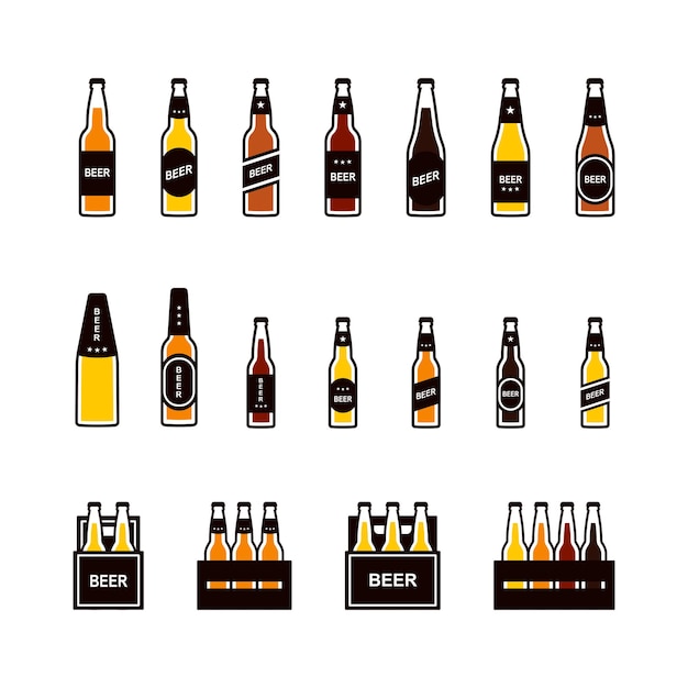 Botella de cerveza, conjunto de iconos de color de caja. Vector