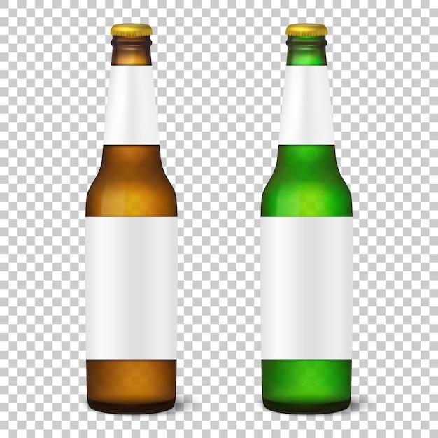 Vector botella de cerveza marrón y verde brillante vacía 3d realista con conjunto de iconos de tapa primer plano aislado