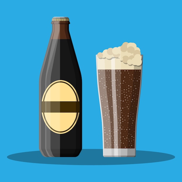 Vector botella de cerveza negra con vaso