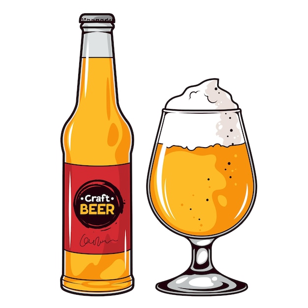 Vector botella de cerveza y vidrio ilustración vectorial sobre fondo blanco