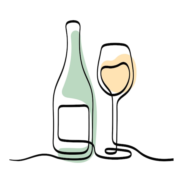 Botella de champán y copa de línea continua ilustración artística.