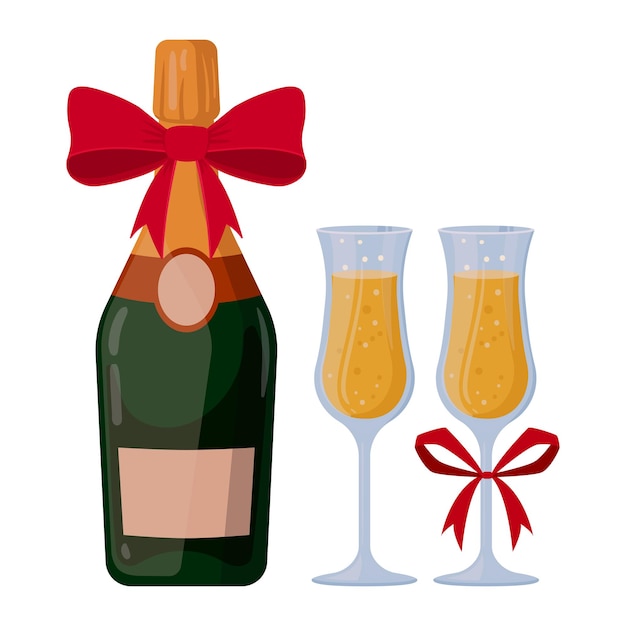 Botella de champán y copas bebida de fiesta de dibujos animados celebración de Navidad o cumpleaños alcohol ilustración vectorial plana sobre fondo blanco