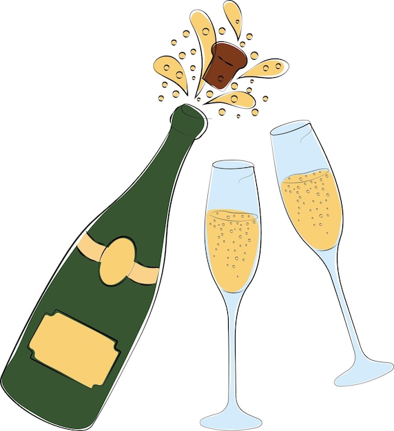 Botella de champán con copas salpicaduras de champán vacaciones Ilustración vectorial de alta calidad