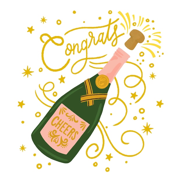 Botella de champán con felicitaciones, letras, ilustración y tarjeta de felicitación escrita a mano