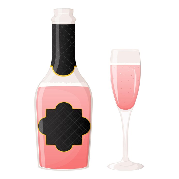 Vector botella de champán rosa y vaso de vino aislado en blanco