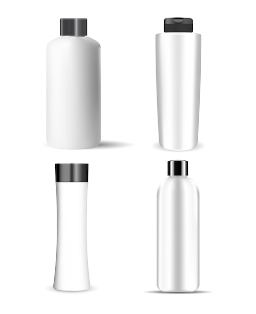 Vector botella de champú. maqueta de paquete cosmético aislado en blanco. recipiente alto blanco con tapa para producto cosmético de belleza, diseño de colección de objetos vectoriales 3d. recipiente de plástico para crema líquida, gel