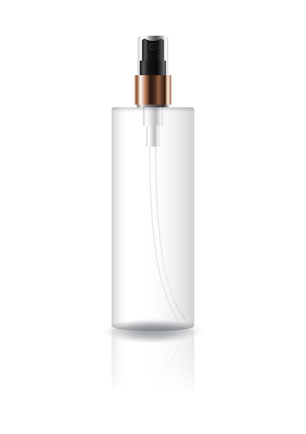 Botella de cilindro cosmético transparente en blanco con cabeza de pulverización de prensa negra.
