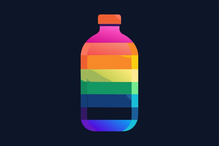 Vector una botella de color arco iris con una etiqueta de color arko iris