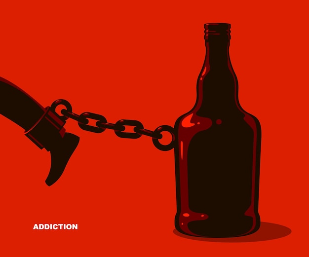 Botella como un peso en la cadena de grilletes a la pierna metáfora del alcoholismo vector diseño de moda de afiche o pancarta de publicidad social, adicción al alcohol malos hábitos y problemas.