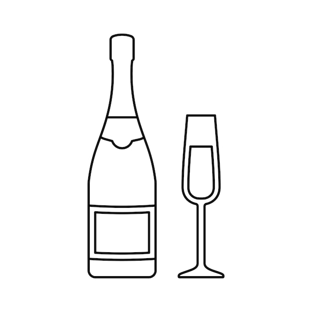 Botella y copa de champán Iconos de contorno de bebidas alcohólicas Ilustración vectorial