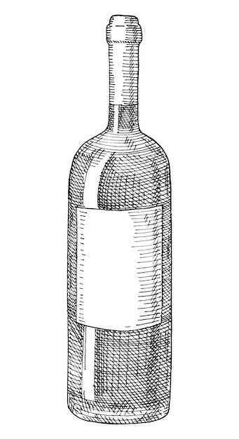 Vector botella de copa de vino con etiqueta transparente. ilustración monocromática de eclosión de la vendimia.