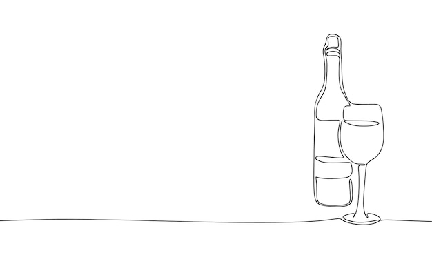 Botella y copa de vino una línea continua Línea arte esquema vector ilustración de bebida alcohólica