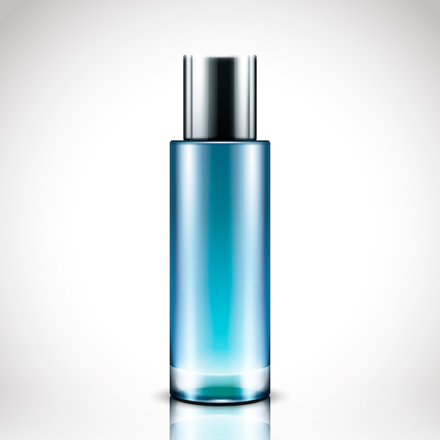 Botella cosmética de color azul en blanco
