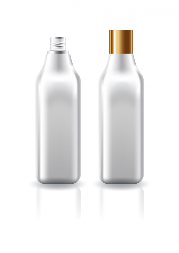 Vector botella cosmética cuadrada clara en blanco con tapa de tornillo de oro liso para plantilla de producto de belleza.