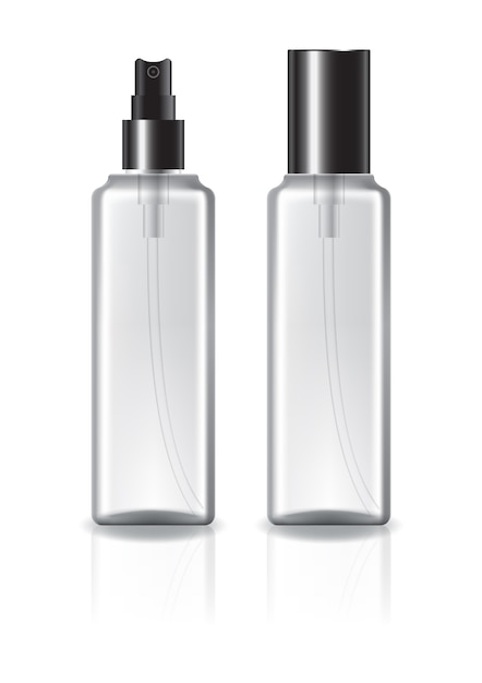Botella cosmética cuadrada transparente con tapa negra y cabeza rociadora.