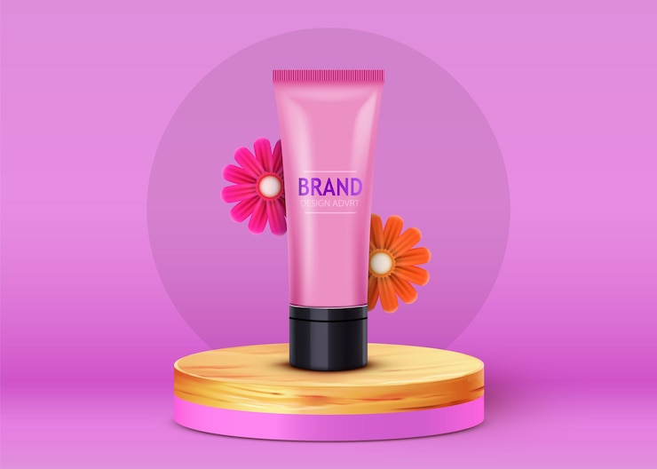 Vector botella cosmética en podio circular en violeta