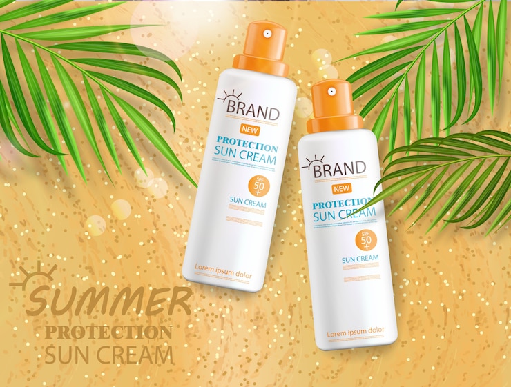 Vector botella de crema solar realista aislada, fondo del mar, banner tropical, embalaje, crema solar de protección, cosméticos de verano