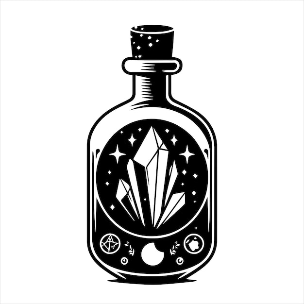 Botella de cristal mágico ilustración vectorial en blanco y negro