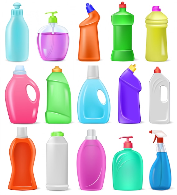 Vector botella de detergente en blanco de plástico de dibujos animados con líquido de detergencia y maqueta producto de limpieza del hogar para la ilustración de lavandería conjunto de paquete de limpieza de detergente aislado sobre fondo blanco