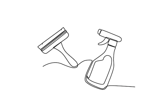 Una botella de detergente y spray para limpieza de vidrios Suministros de limpieza dibujo en línea