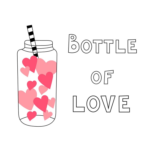 Vector botella dibujada a mano con corazones dentro y botella de amor con letras. ilustración vectorial