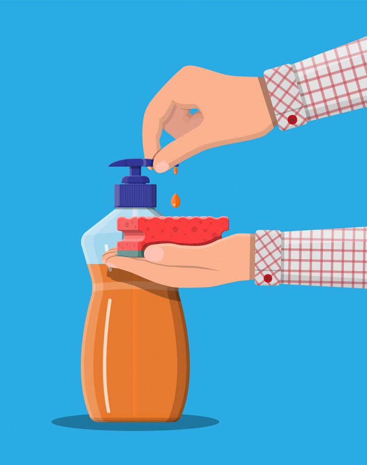Vector botella con dispensador y esponja en manos.