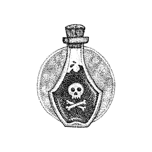 Botella dotwork con veneno. ilustración de vector de diseño de camiseta. boceto dibujado a mano del tatuaje.